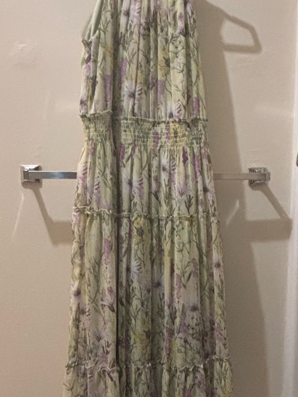 Floral Tiered Halter Maxi Dress in cream with sage Green and purple flower print